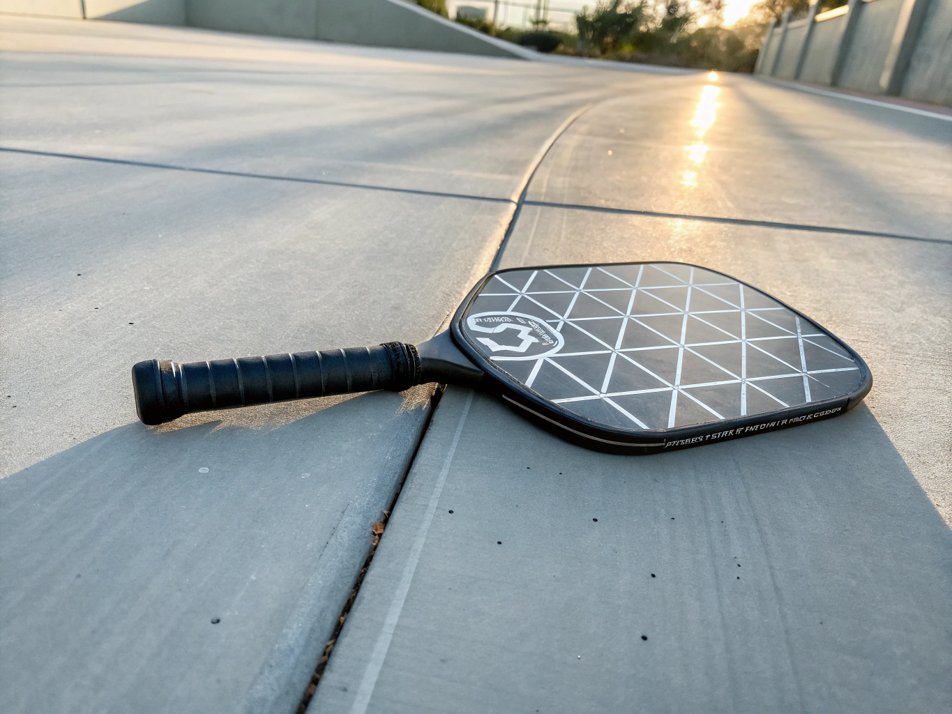Close up of a pickleball paddle resting on the court line, high contrast lighting